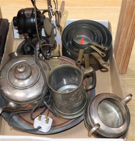 A quantity of mixed metal wares and a fan